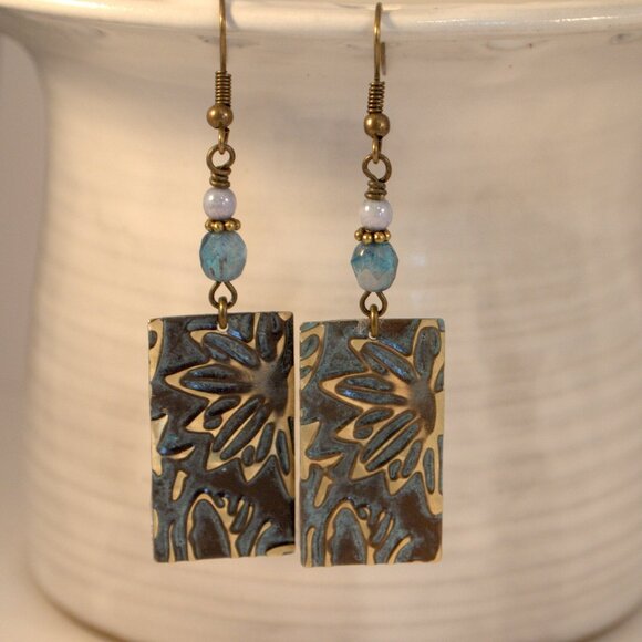 Brass Hand Embossed Earrings Blue Czech Glass Earrings Patina Brass Earrings - Picture 3 of 9